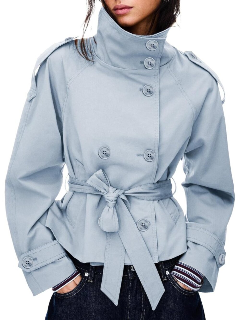 〽️Women's Sky Blue Short Trench Coat Belted Cropped Double Breasted